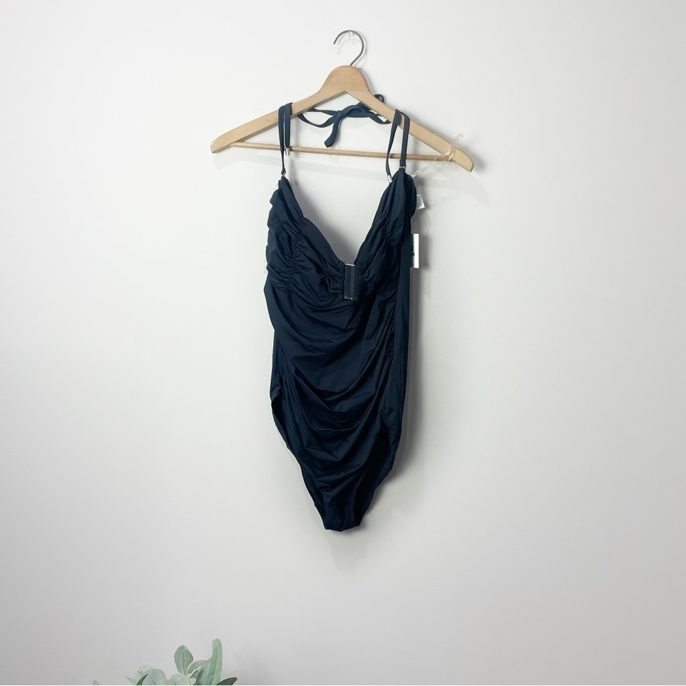 [Calvin Klein] Women's Black Halter Neck Ruched One Piece Swimsuit